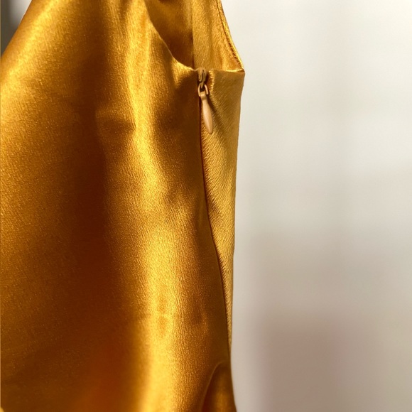 Mustard Midi Spaghetti Strap Bodycon Drawstring Ruched Side Slit Dress| Small - Picture 8 of 11